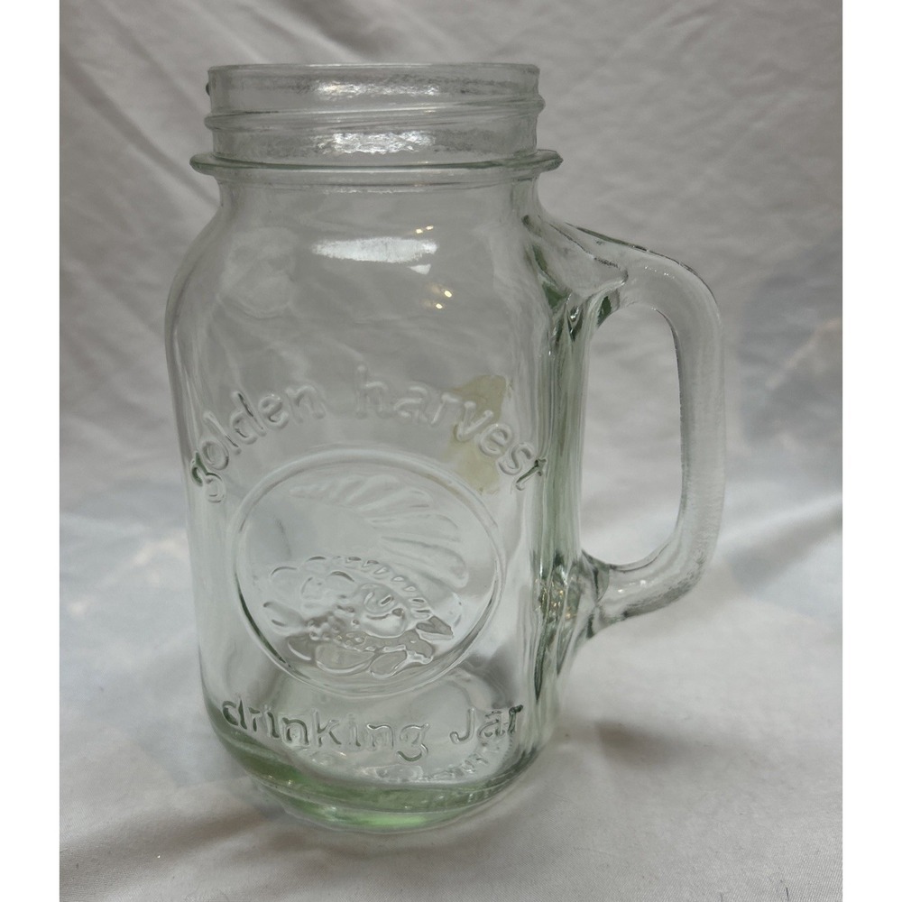 VTG GOLDEN HARVEST 6.75" Tall Drinking Glass Jar Mugs w/Handle Set Of 3